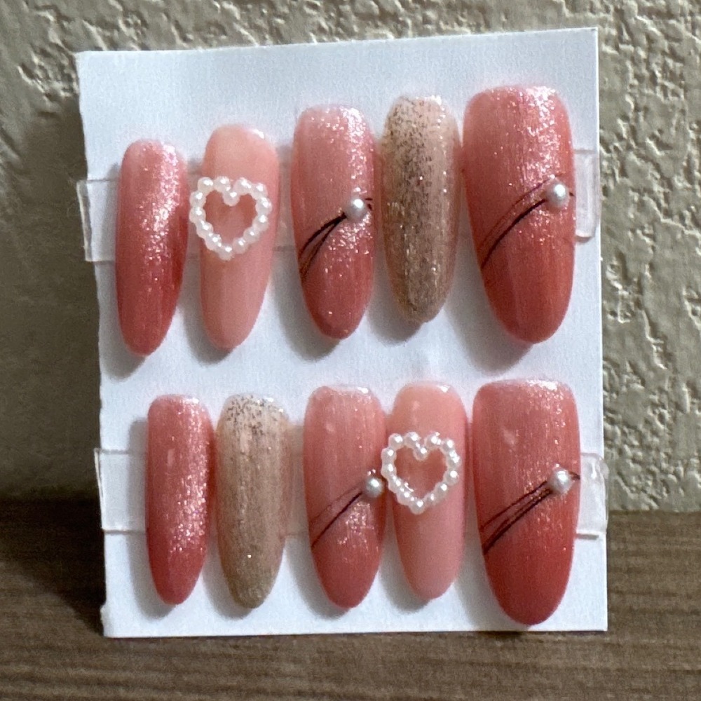 Pink Shimmer Press On Nails Pearl Heart Accents Almond Shape 10pc Set
